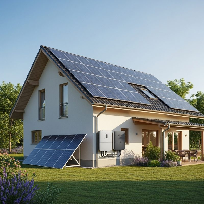 Saulės elektrinė įrengta ant gyvenamojo namo stogo giedrą dieną