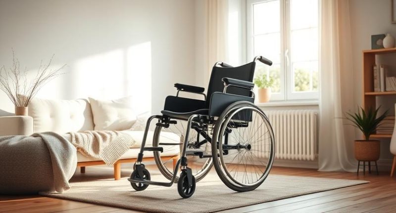 Lengvas universalus vežimėlis šviesioje patalpoje, simbolizuojantis laisvę ir patogumą