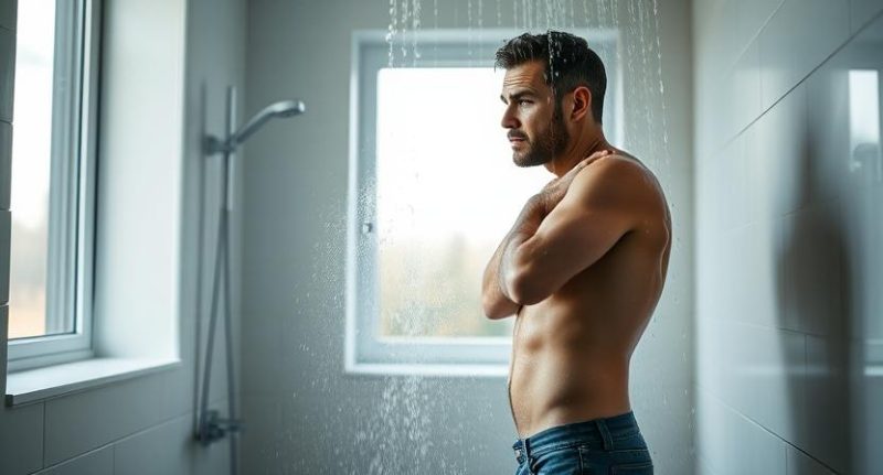 Žmogus po šaltu dušu šiuolaikiškoje vonioje, susigūžęs nuo šalčio